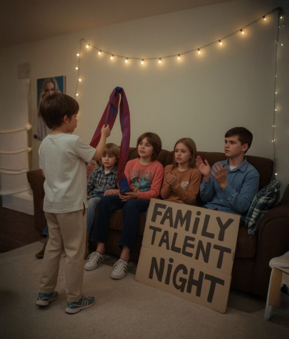 A child performs with a colorful scarf in front of three children and a teenager sitting on a couch, clapping. A sign reading “Family Talent Night” is displayed, and string lights are hanging on the wall behind them.