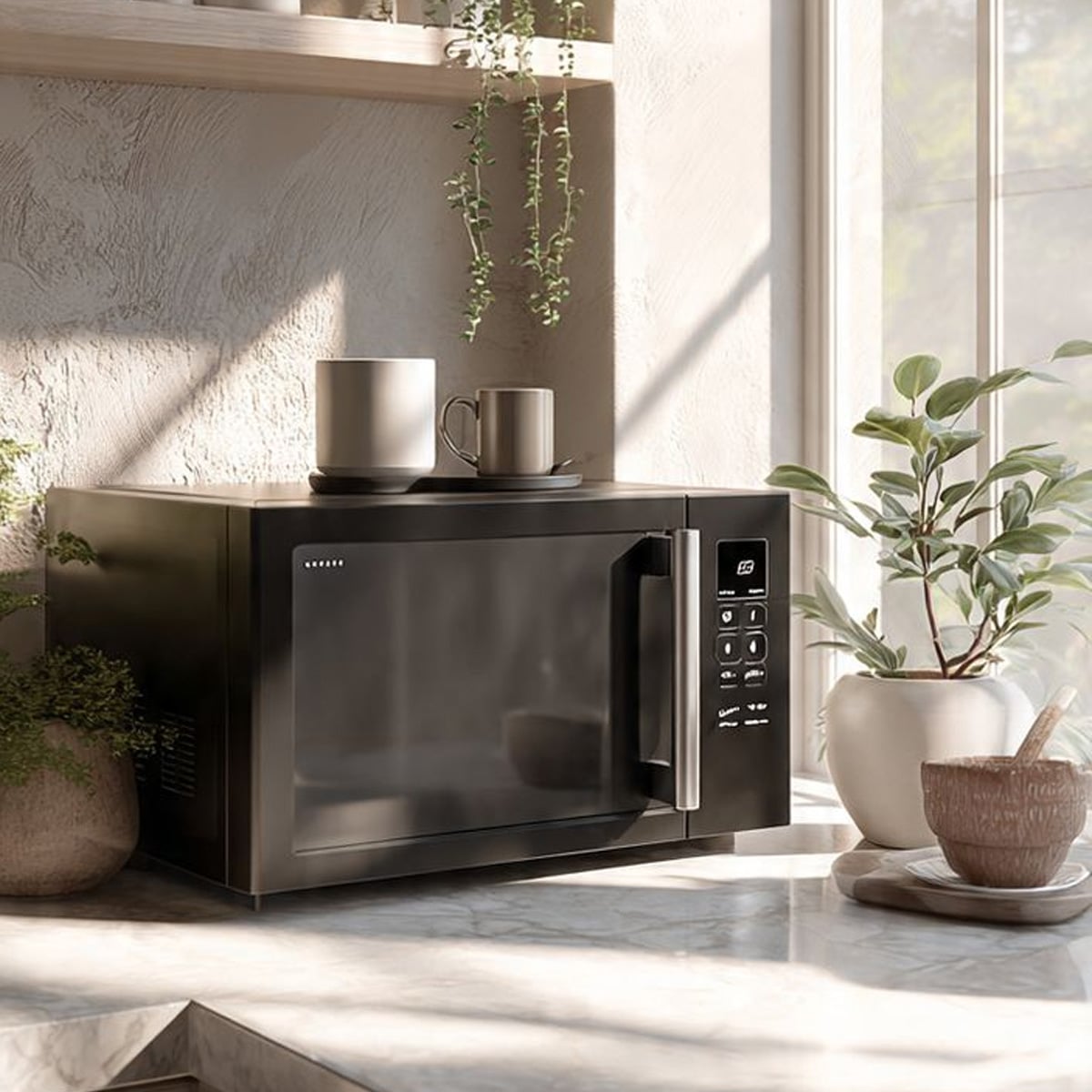 A black microwave sits on a marble countertop near potted plants, mugs, and kitchenware, with sunlight streaming through a nearby window.