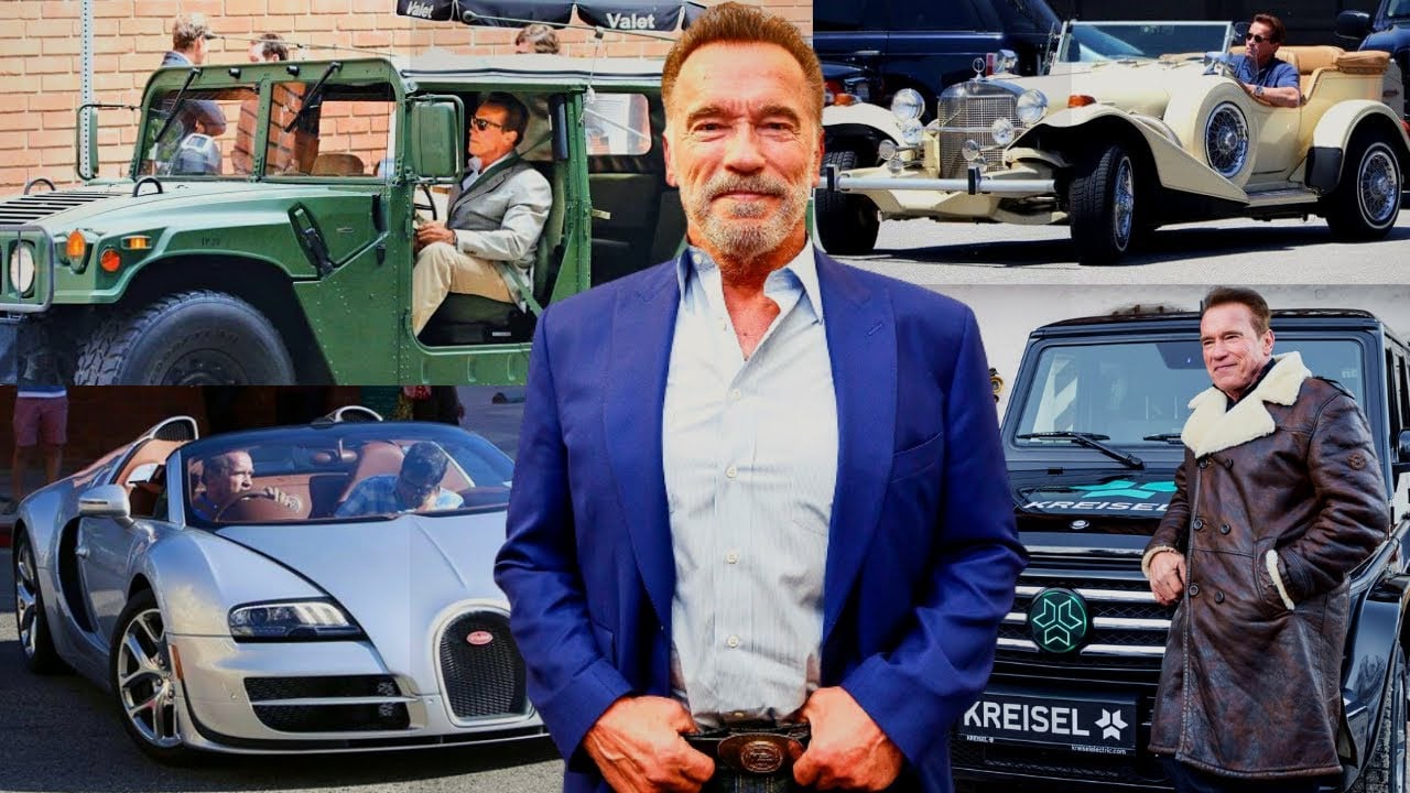 A man in a blue suit stands confidently in front of a collage featuring him with various luxury and vintage cars, including a green Hummer, a classic convertible, a silver sports car, and a black SUV.