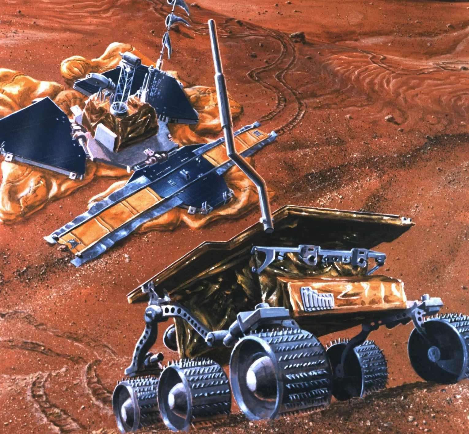 An illustration of a Mars rover with six wheels and solar panels exploring the Martian surface, while a stationary lander with open panels operates in the background on reddish terrain.