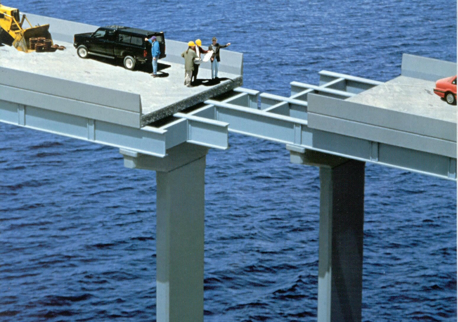 Two sections of a bridge remain unfinished over deep blue water, with a gap between them. People and vehicles are on each side, highlighting the incomplete connection.