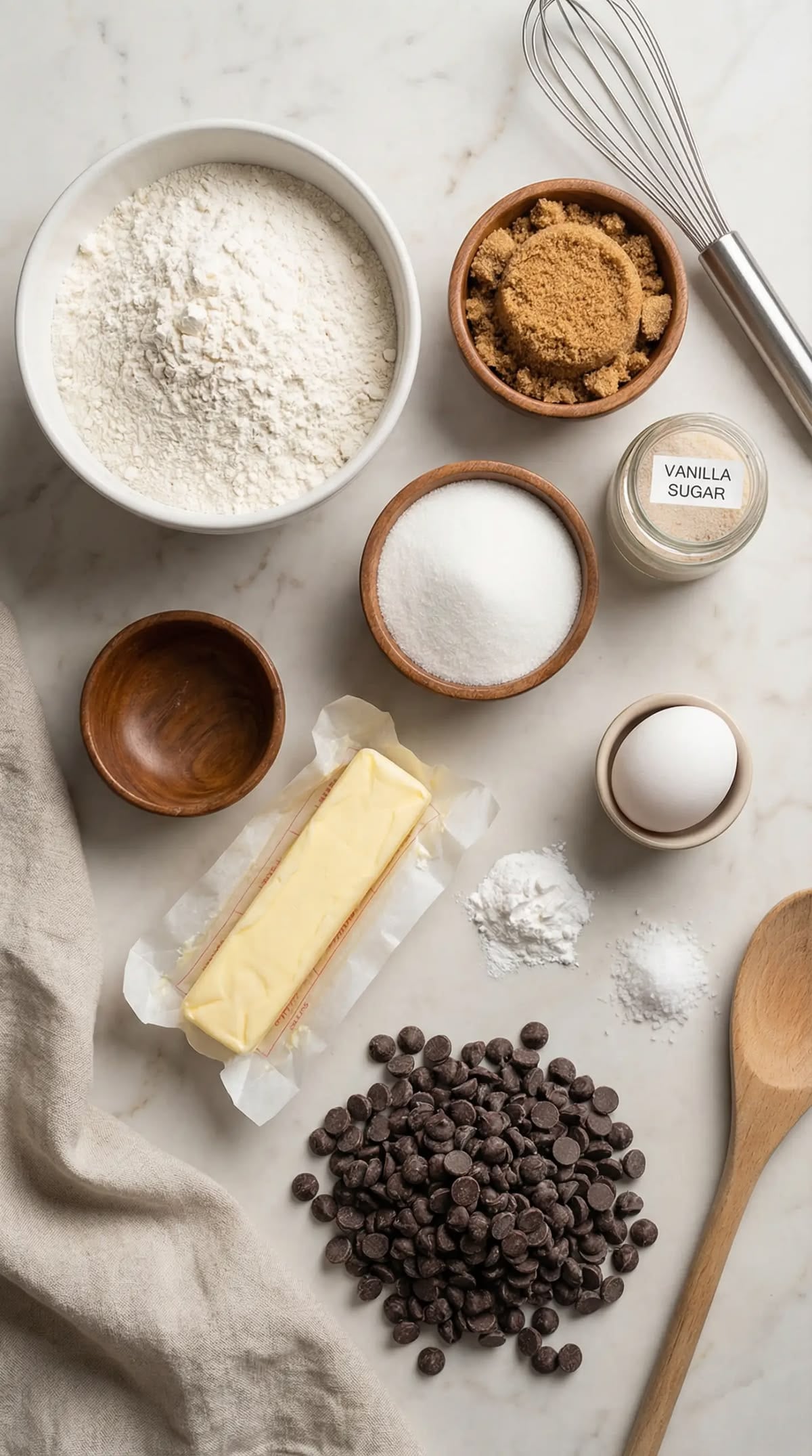 Overhead view of baking ingredients: flour, brown sugar, white sugar, vanilla sugar, an egg, butter, chocolate chips, baking powder, salt, with a wooden spoon, whisk, and linen towel on a marble surface.