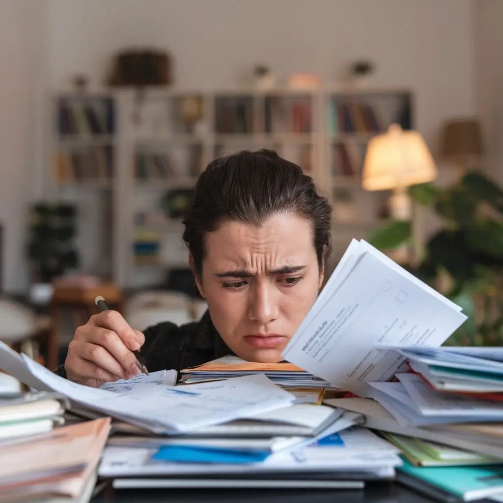 A person with a concerned expression sits at a desk cluttered with stacks of papers, folders, and books, holding a pen amid a messy, busy workspace. A bookshelf and lamp are blurred in the background.