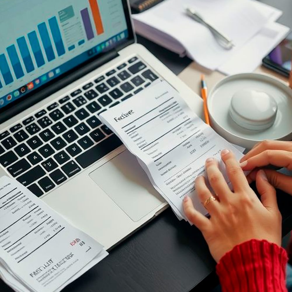 A person in a red sweater reviews printed invoices next to an open laptop displaying colorful bar charts. The desk also holds a cup with a lid, pen, and papers.