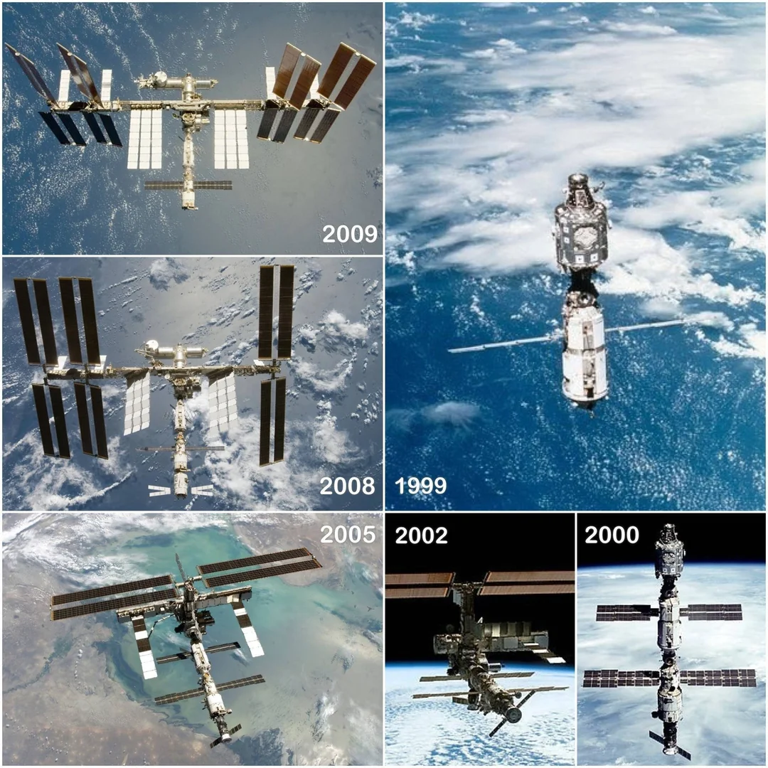 Six images showing the International Space Station from 1999 to 2009, each photo labeled with a year, illustrating the station's construction progress over time above Earth.