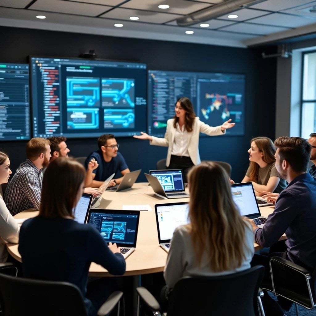 A woman stands presenting to a group of colleagues seated around a conference table with laptops. Large digital screens displaying data and graphs are visible on the walls behind her.