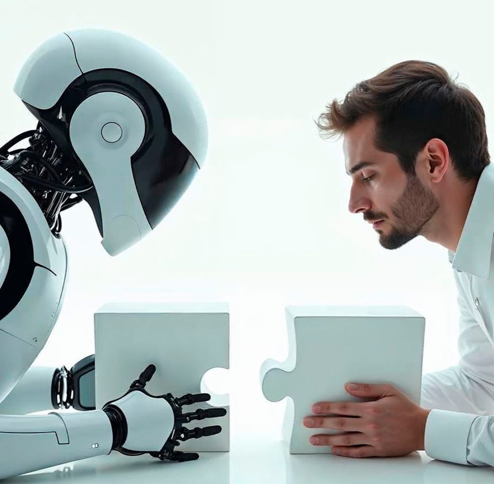 A robot and a man sit facing each other, each holding a large puzzle piece as if about to connect them, symbolizing collaboration between humans and artificial intelligence.