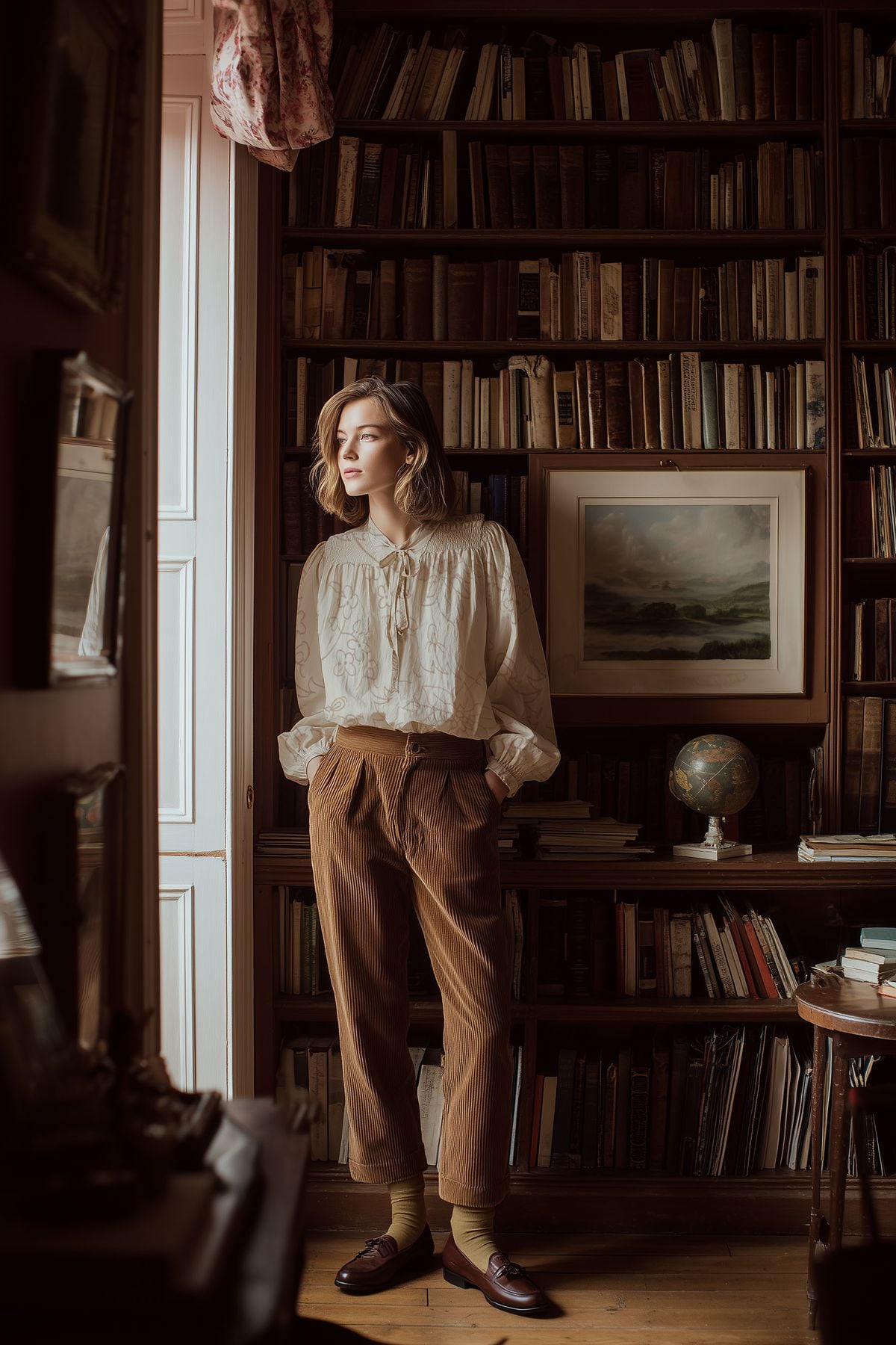 A woman in a white blouse and brown pants stands by a window in a cozy library, surrounded by shelves filled with books and a globe, with sunlight streaming in.
