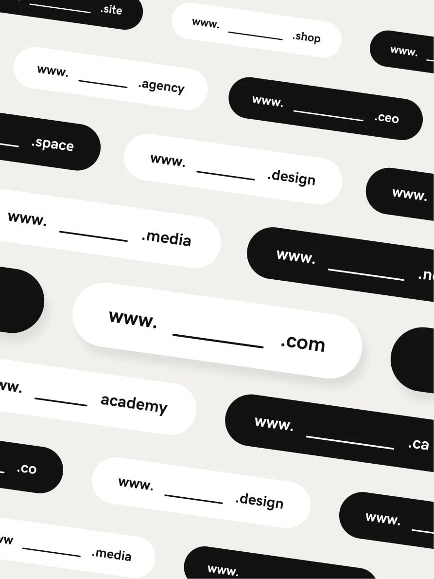Pattern of black and white rounded rectangles with blank spaces and various website domain extensions, such as .com, .shop, .agency, .design, .media, .space, .academy, .co, .site, and .ceo.