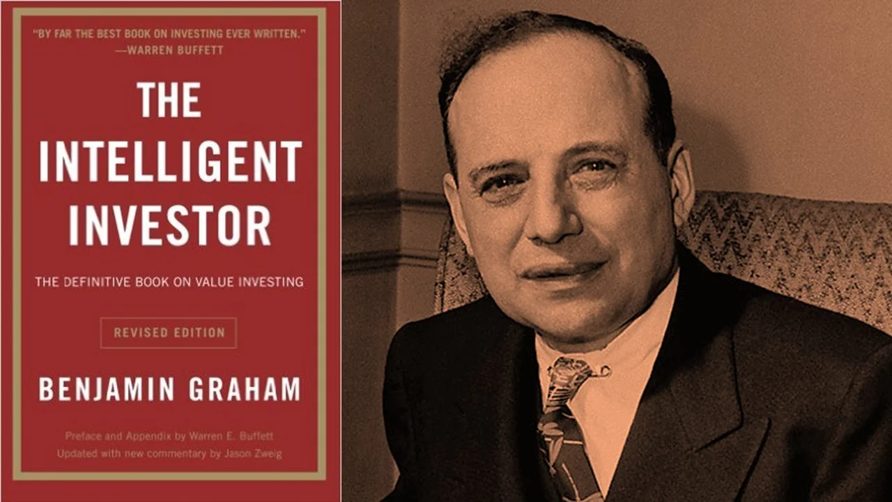 Book cover of "The Intelligent Investor" by Benjamin Graham on the left, and a sepia-toned portrait of Benjamin Graham in a suit and tie on the right, sitting in a chair and smiling slightly.