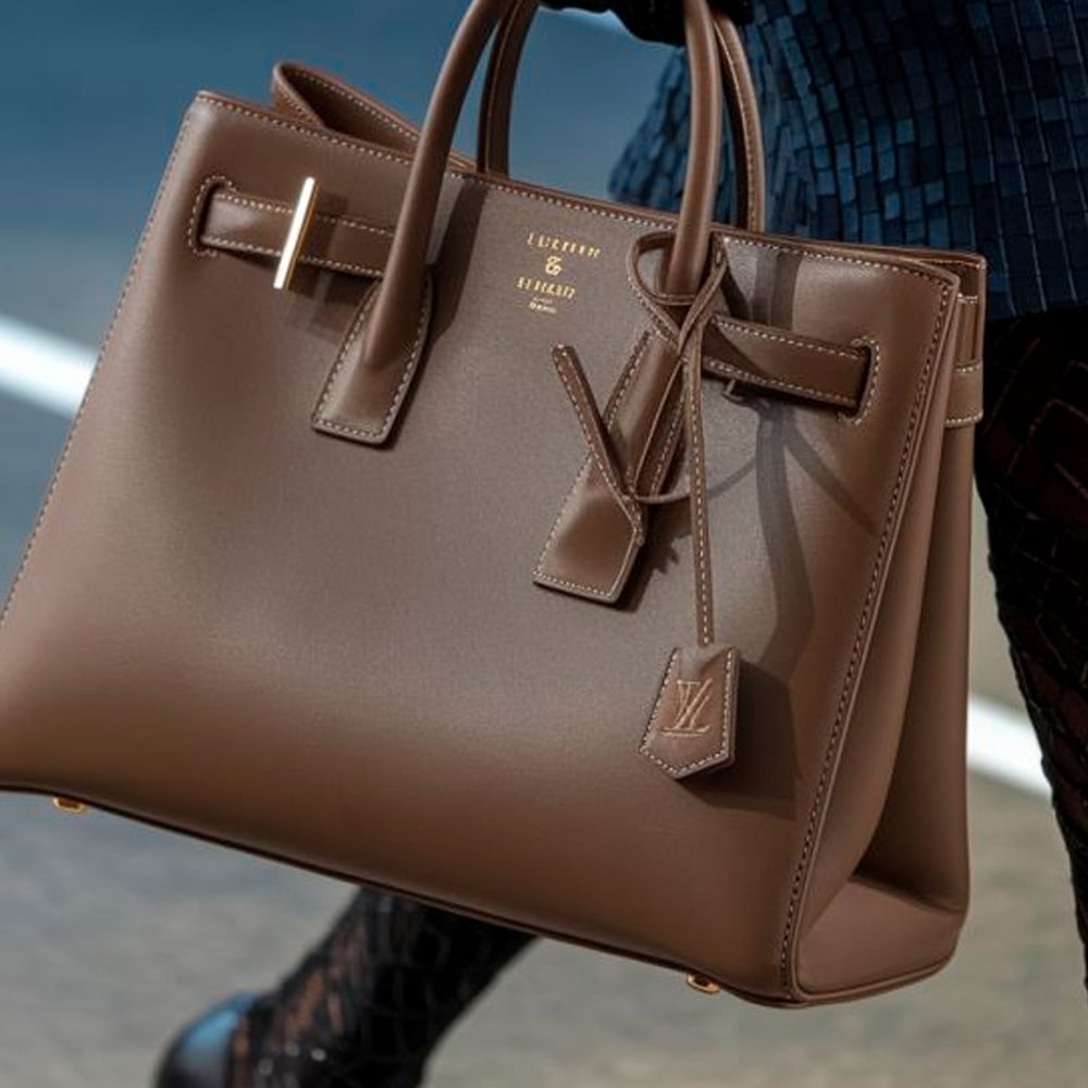A person holding a structured brown designer handbag with gold hardware, prominent handles, and a luggage tag, featuring embossed branding on the front. The person is wearing dark textured clothing.