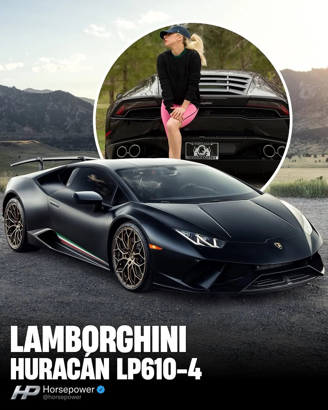 A matte black Lamborghini Huracán LP610-4 is parked outdoors on a road with mountains in the background. Inset shows a woman in athletic wear leaning against the car's rear, looking into the distance.