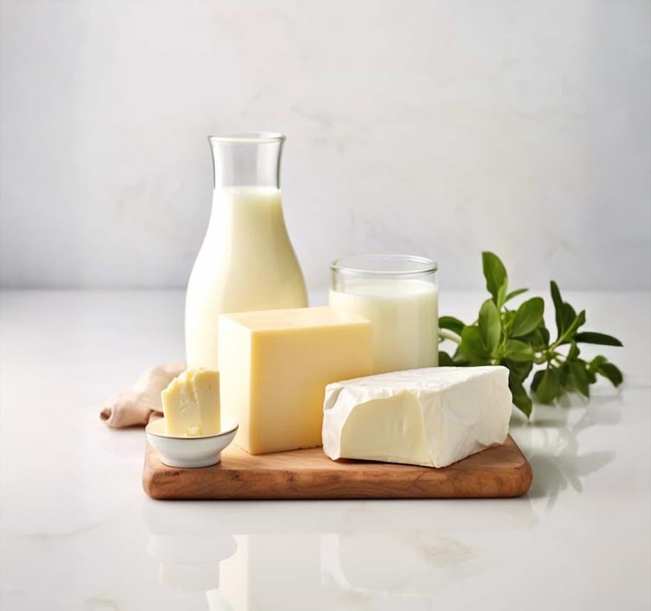A selection of dairy products including a glass bottle and a glass of milk, a block of cheese, a wedge of brie, butter in a small dish, and green herbs, all arranged on a wooden board against a light background.