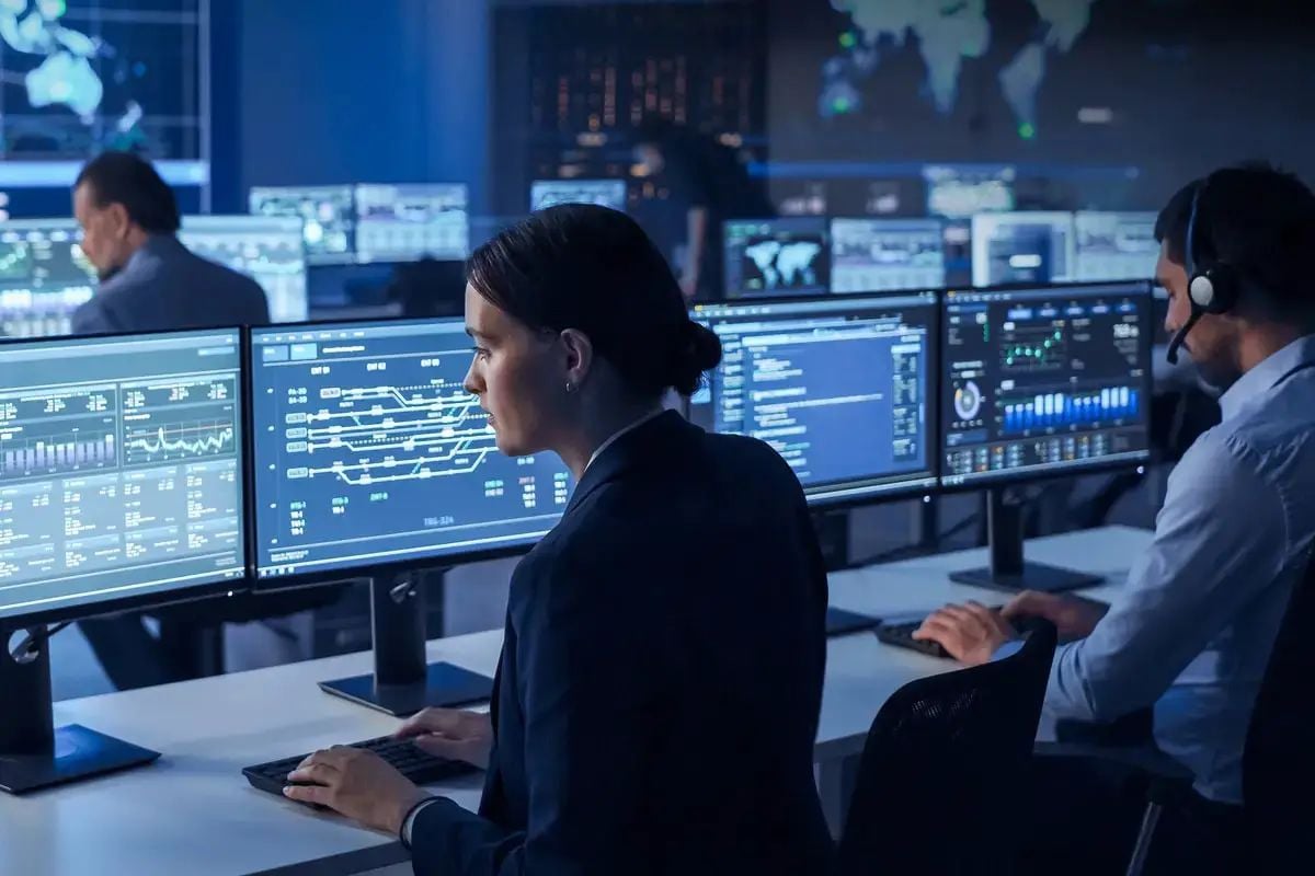 Several people sit at desks in a modern control room, working on computers with multiple monitors displaying data, graphs, and world maps with blue ambient lighting in the background.