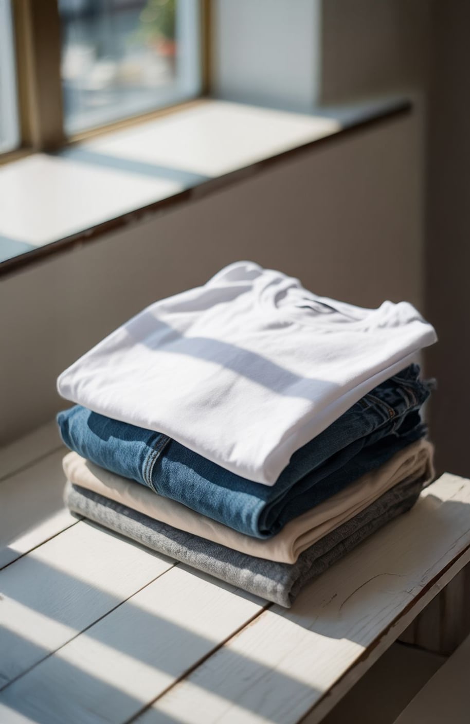 A neatly folded stack of clothes, including a white T-shirt, blue jeans, and beige and gray garments, sits on a white wooden bench by a sunlit window.