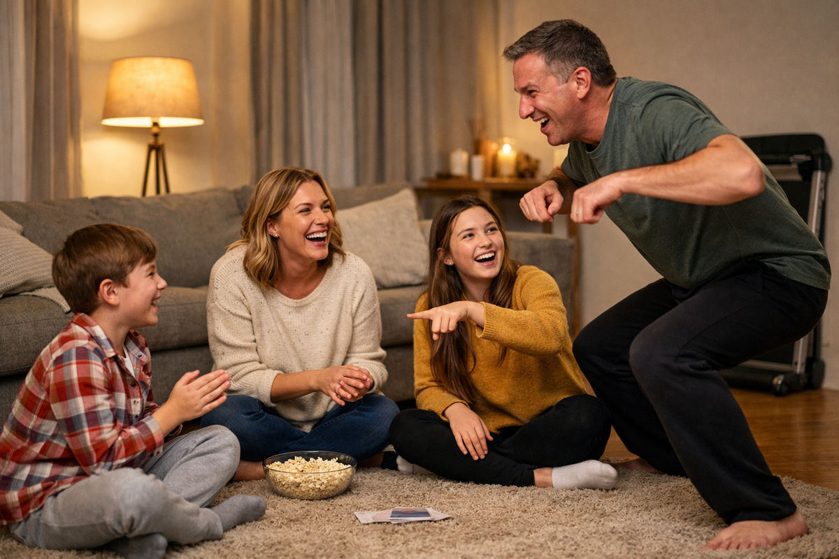 A man playfully acts out a charade while a woman, a girl, and a boy sit on the floor laughing and watching him. They are in a cozy living room with a sofa, lamp, and a bowl of popcorn on the floor.