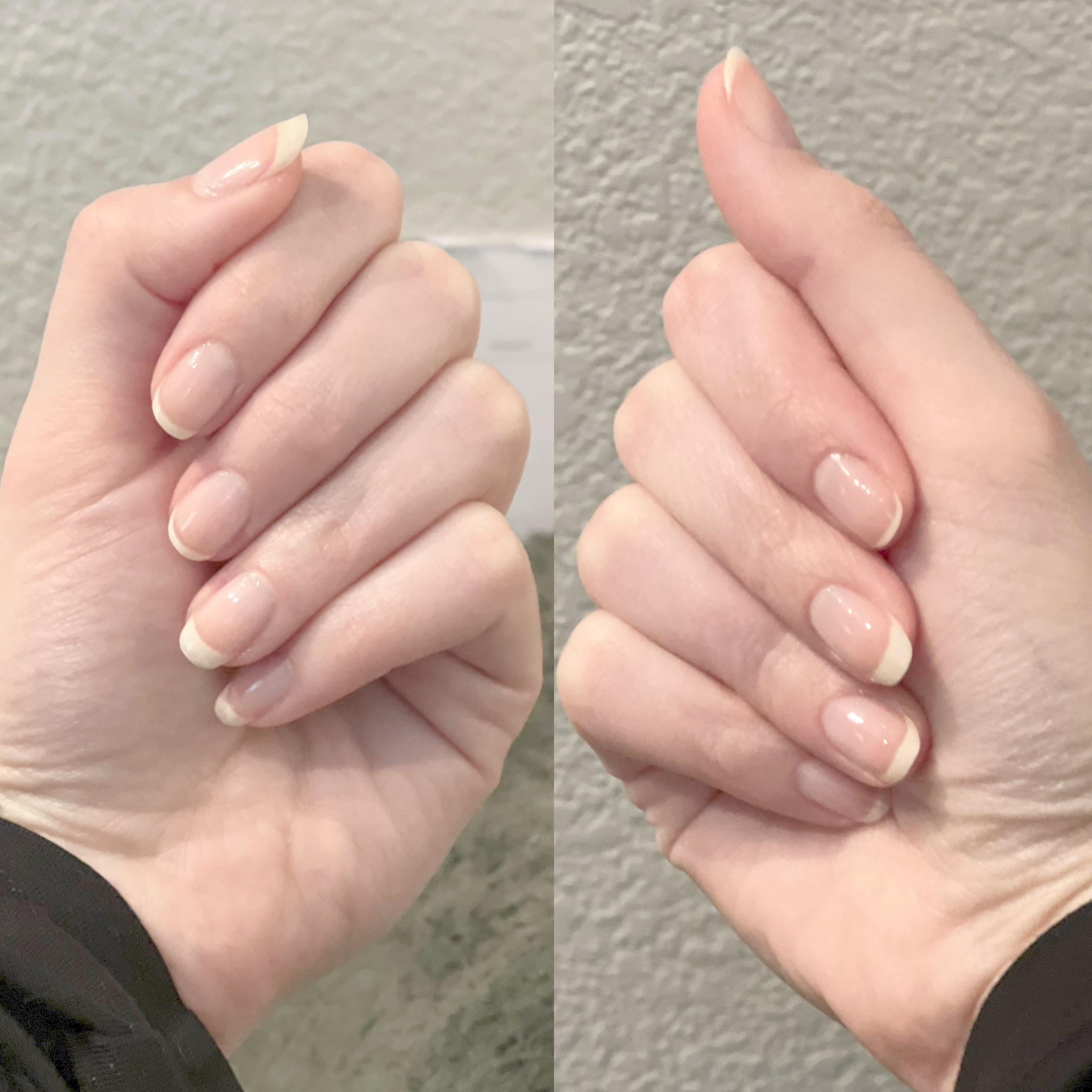 Two images side by side show a hand with neatly manicured, natural nails. The nails are short to medium length with a clear or pale pink polish, and the background is an off-white textured wall.