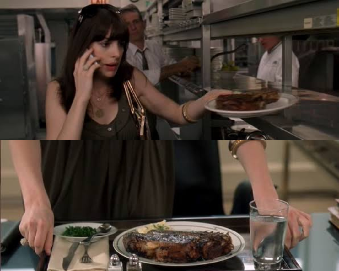 A woman on the phone carries a steak plate through a busy kitchen. In the next image, her hands place the steak, greens, and water on a tray, suggesting food delivery or serving.