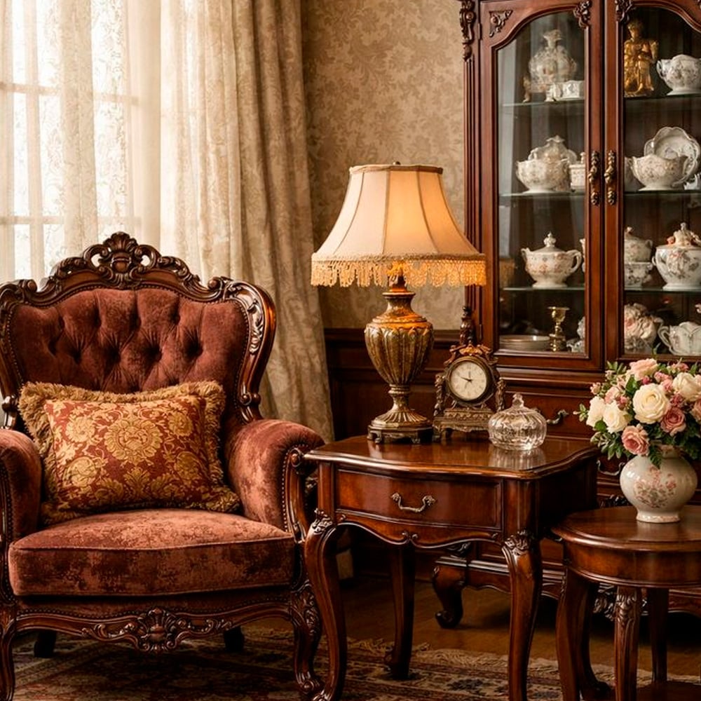 A vintage living room with an ornate velvet armchair, a floral cushion, a wooden side table with a fringed lamp, an antique clock, and a glass cabinet displaying porcelain teapots. A vase of flowers sits on a round table nearby.