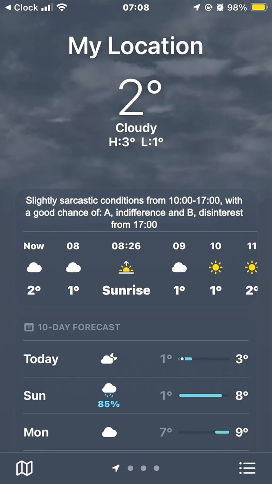 A weather app screenshot shows "My Location" at 2°C and cloudy. The forecast humorously mentions sarcasm, indifference, and disinterest. The 10-day forecast and hourly weather details are displayed below.