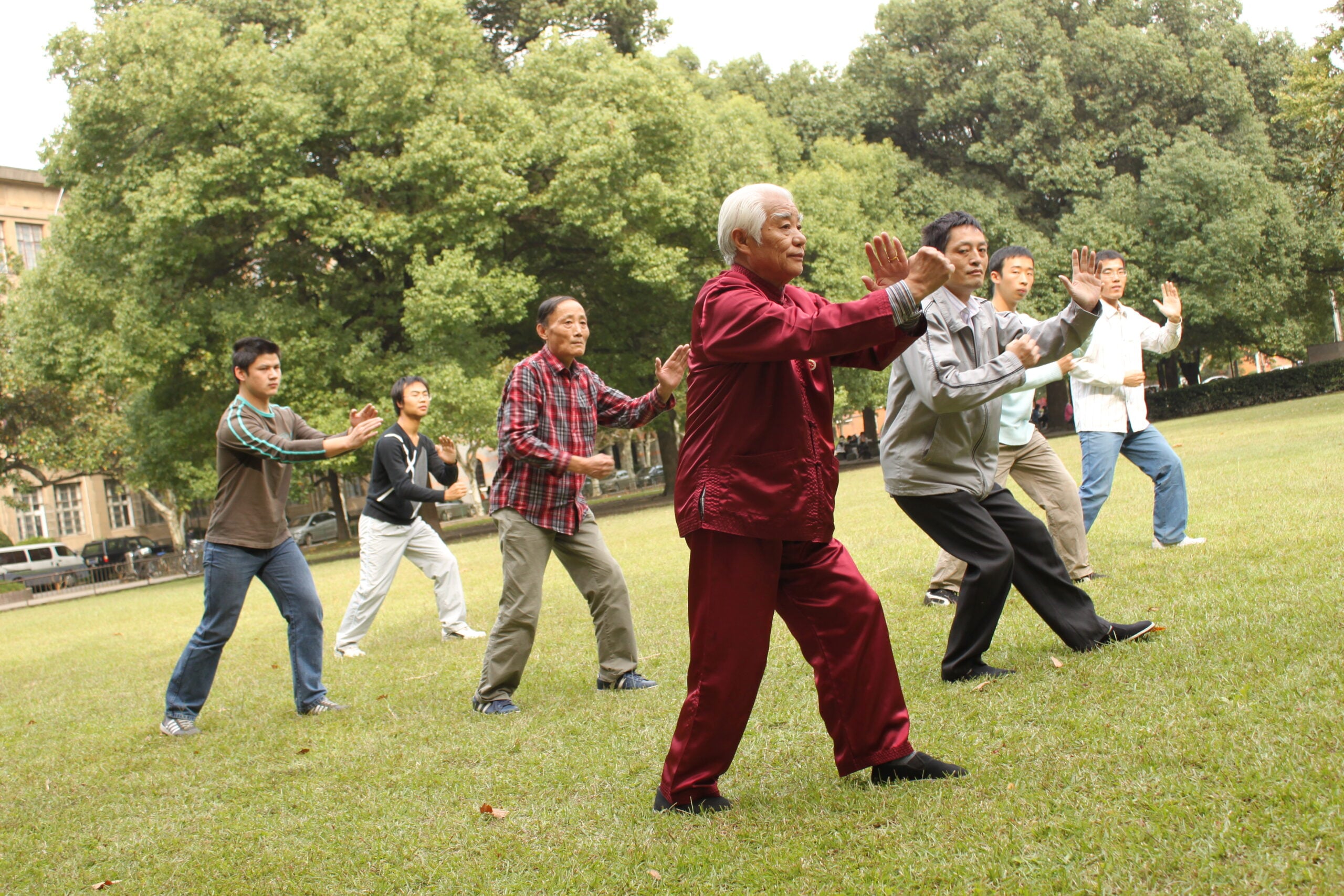 A group of people practice tai chi in a park, following an elderly instructor in a red outfit. They stand on grass with trees in the background, moving in synchronized poses.
