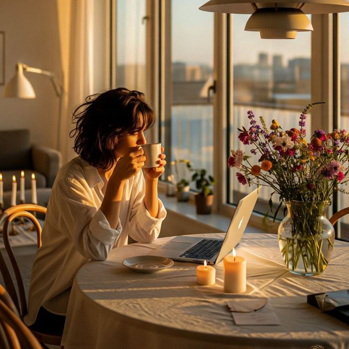 A woman drinks from a mug while sitting at a table with a laptop, candles, and a vase of flowers. Warm sunlight fills the cozy room, and large windows reveal a cityscape in the background.