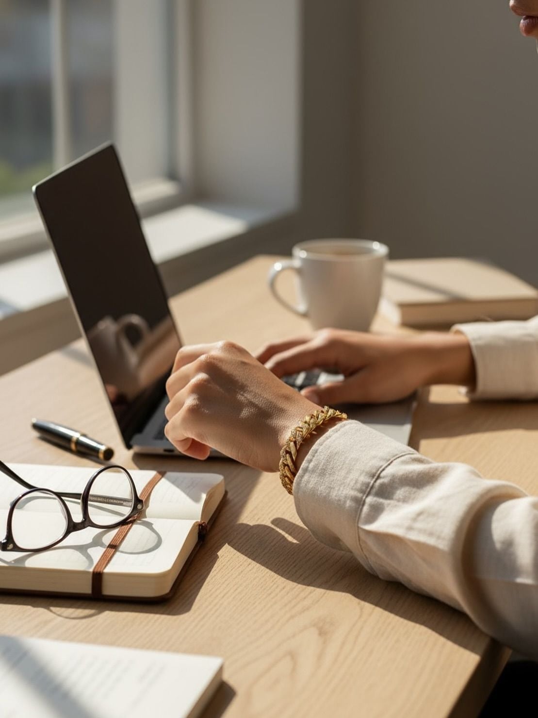 A person types on a laptop at a sunlit desk with a notebook, glasses, pen, and a white coffee cup. Only their hands and part of their arms are visible.