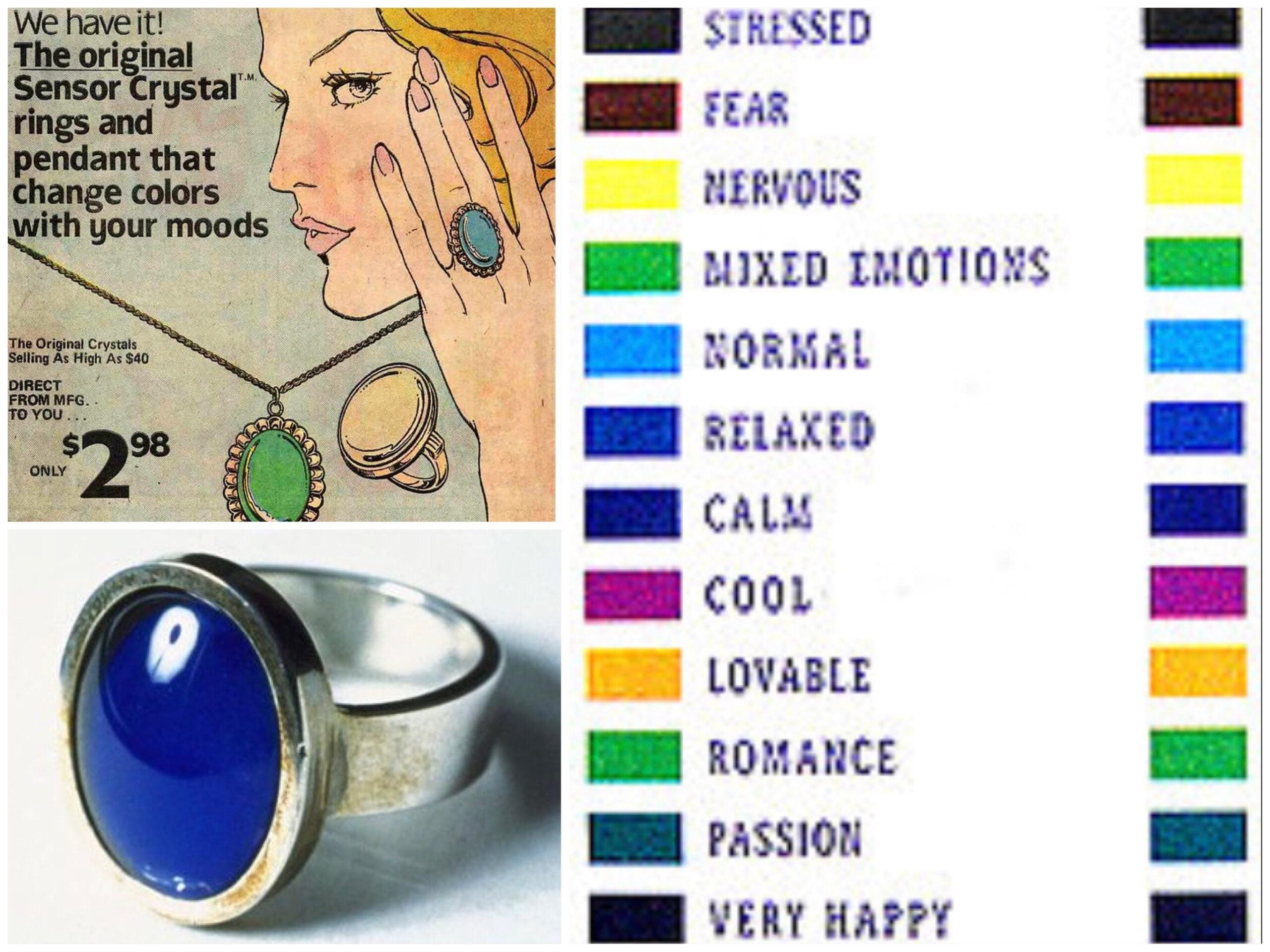 A vintage advertisement shows a woman wearing a mood ring, with a chart explaining ring colors and corresponding moods. A close-up of a blue mood ring is shown, next to a color key ranging from black (stressed) to purple (very happy).