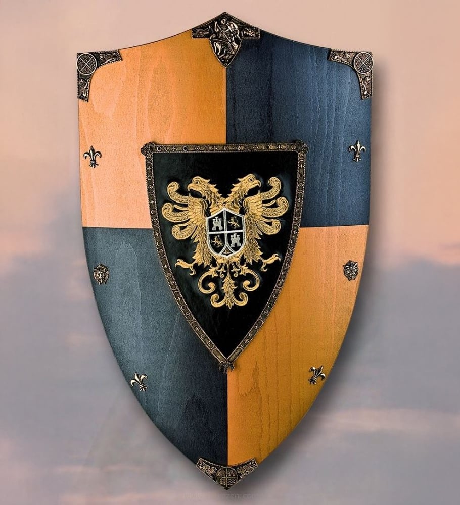 A decorative medieval shield with gold and dark blue quarters, ornate metal corner accents, and a black center featuring a gold double-headed eagle crest with a detailed emblem.