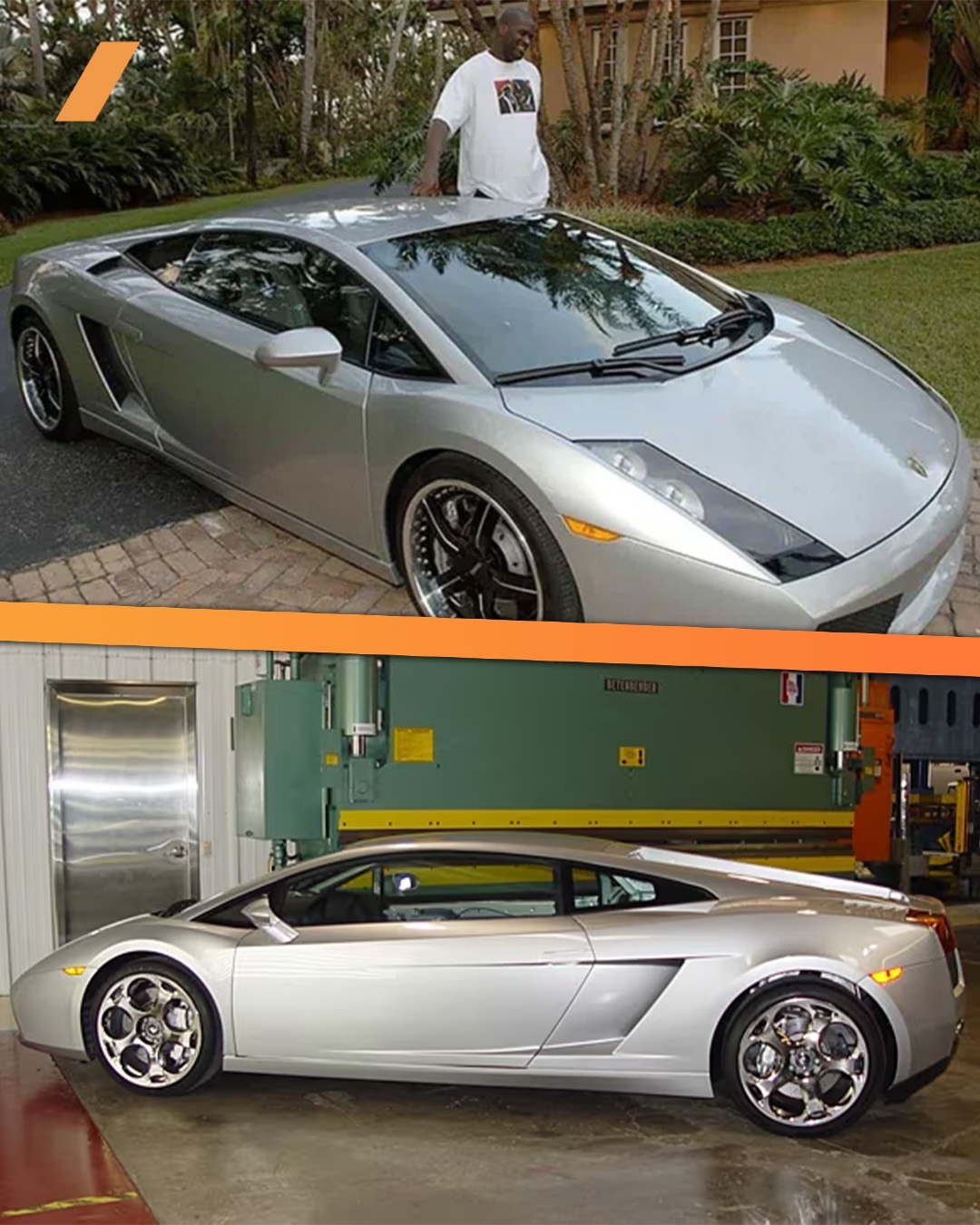 Two images of a silver Lamborghini Gallardo: the top shows a person standing behind the parked car outdoors, while the bottom shows a side view of the car parked indoors near industrial equipment.
