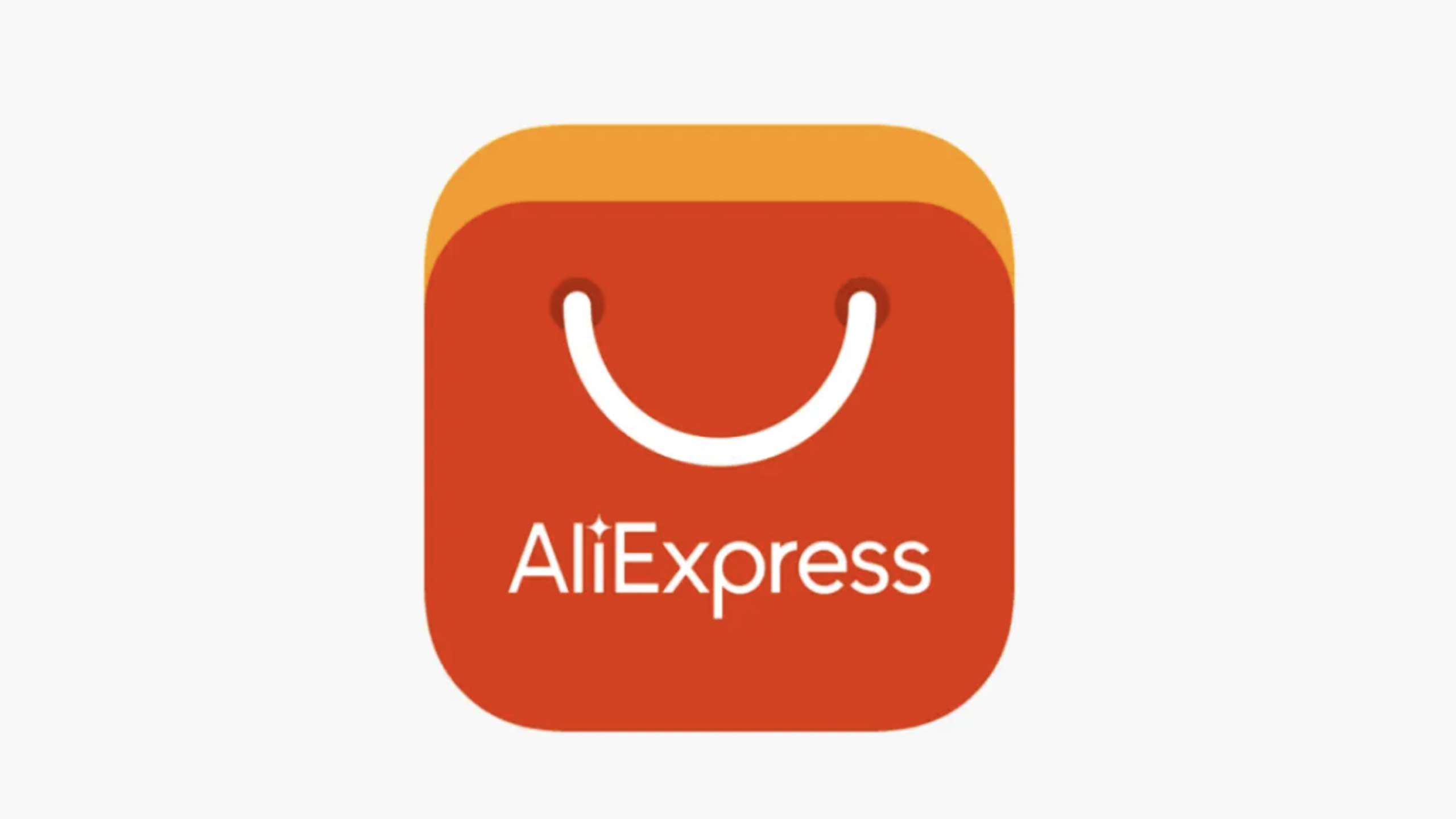 AliExpress logo featuring a red shopping bag icon with a white smile and the word "AliExpress" in white text on the front.