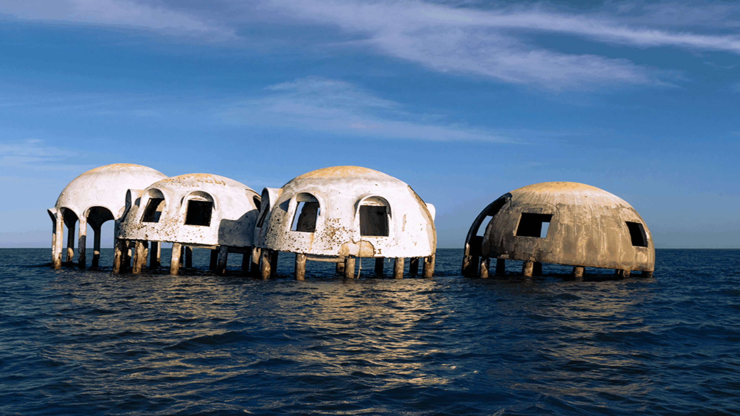 Abandoned dome homes in Florida surrounded by water and erosion