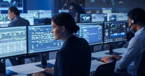 People work at computer stations in a dimly lit control room, monitoring multiple screens displaying complex data, graphs, and digital maps. The atmosphere appears focused and high-tech.