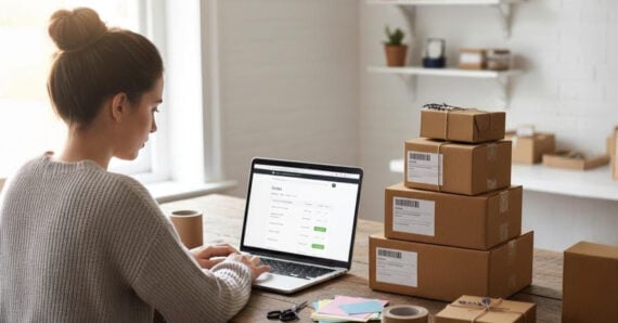 A woman sits at a desk using a laptop to manage online orders. Several cardboard shipping boxes and office supplies are on the desk. Shelves and more boxes are in the background, suggesting a small business workspace.