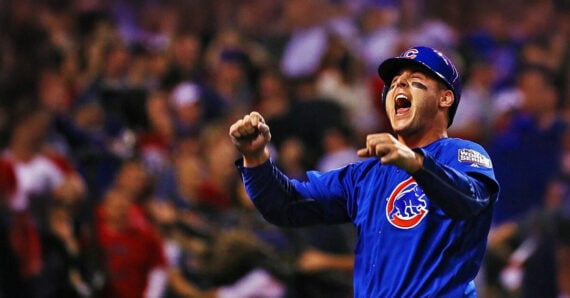 A Chicago Cubs baseball player in uniform celebrates excitedly on the field, arms raised, mouth open, with a crowd of fans blurred in the background.