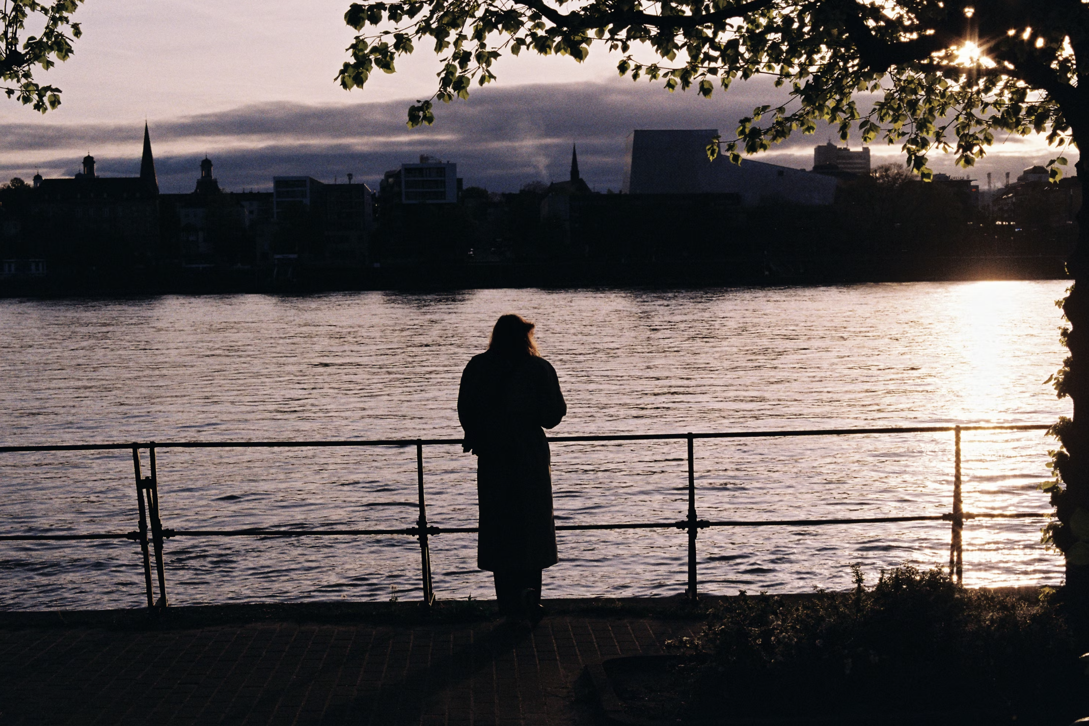 A person stands alone by a riverside railing at sunset, looking out over the water with a tree branch overhead and a city skyline in the background.