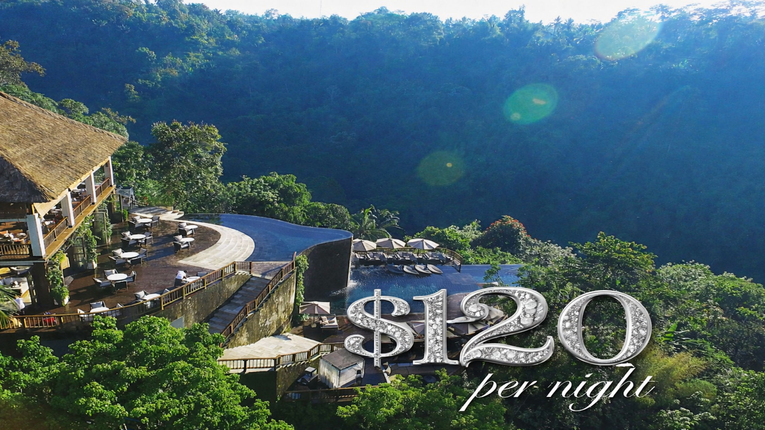 10 luxury hotels view in Bali with jungle infinity pool and tropical scenery