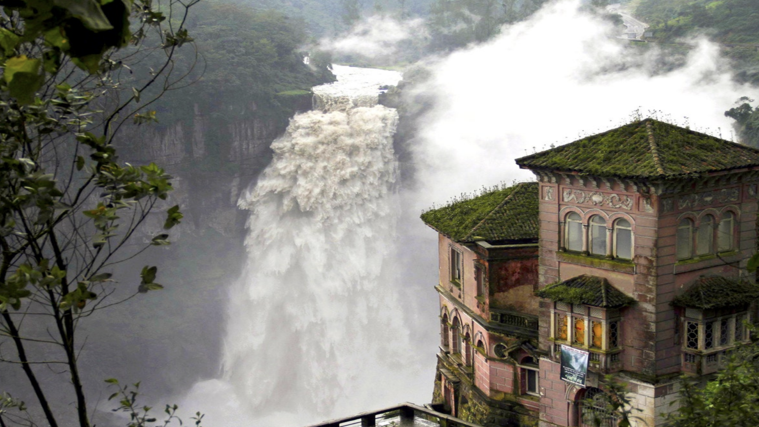Abandoned Hotel del Salto in Colombia overlooking a large waterfall
