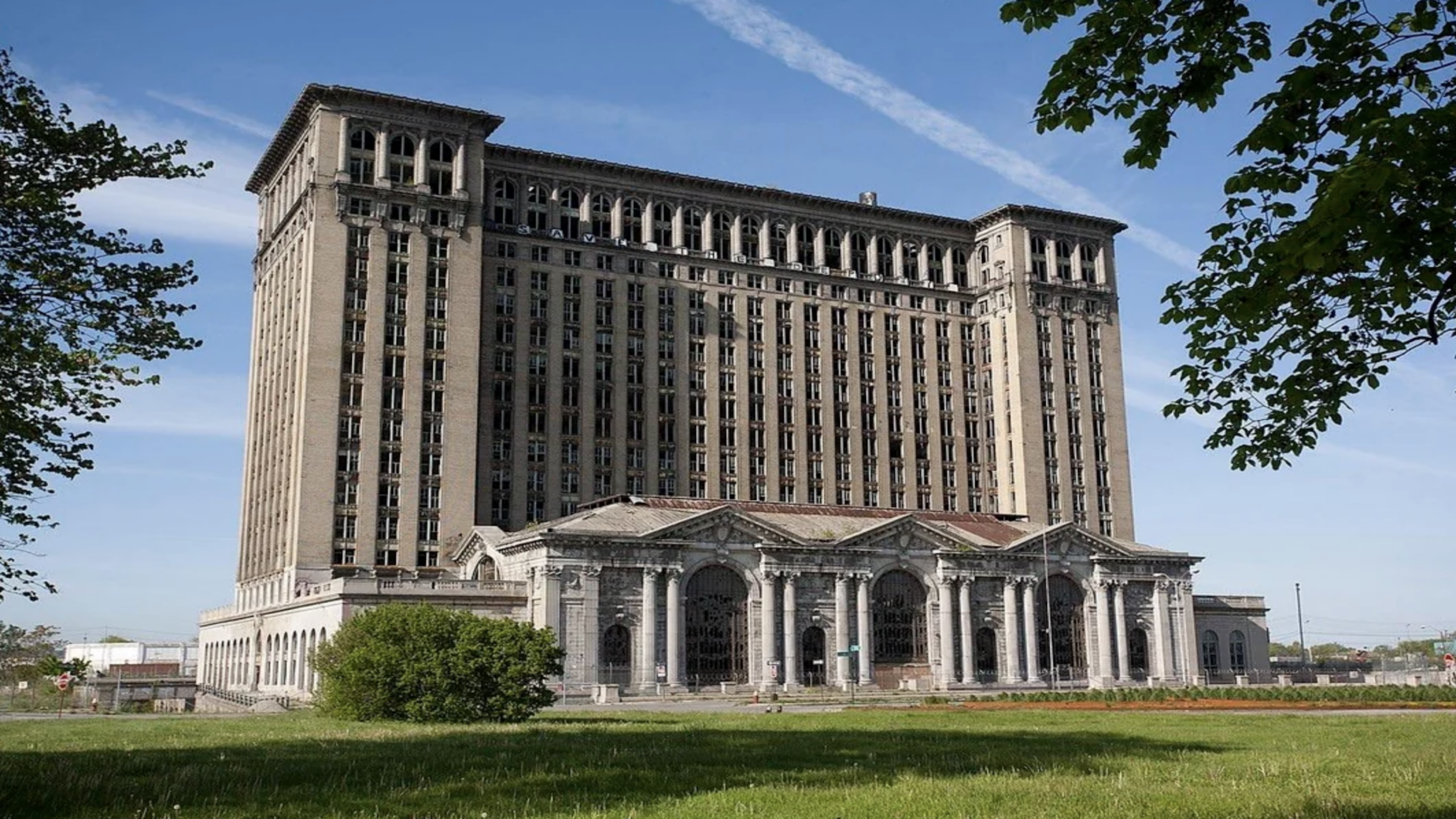 Abandoned Michigan Central Station in Detroit with grand hall and broken windows