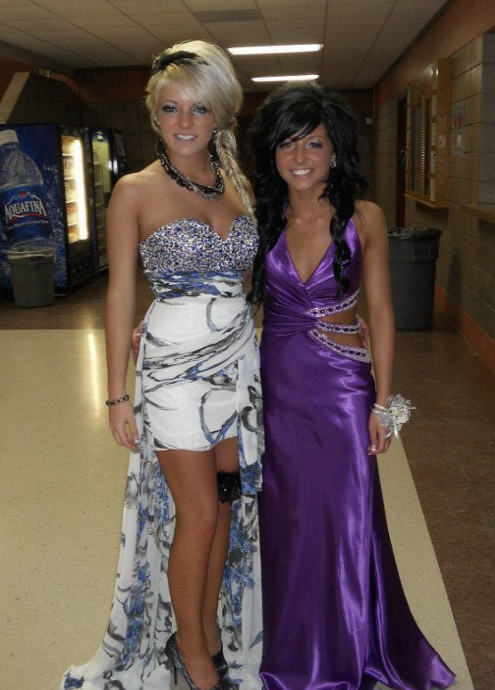 2000s prom photos featuring bright dress under flash lighting