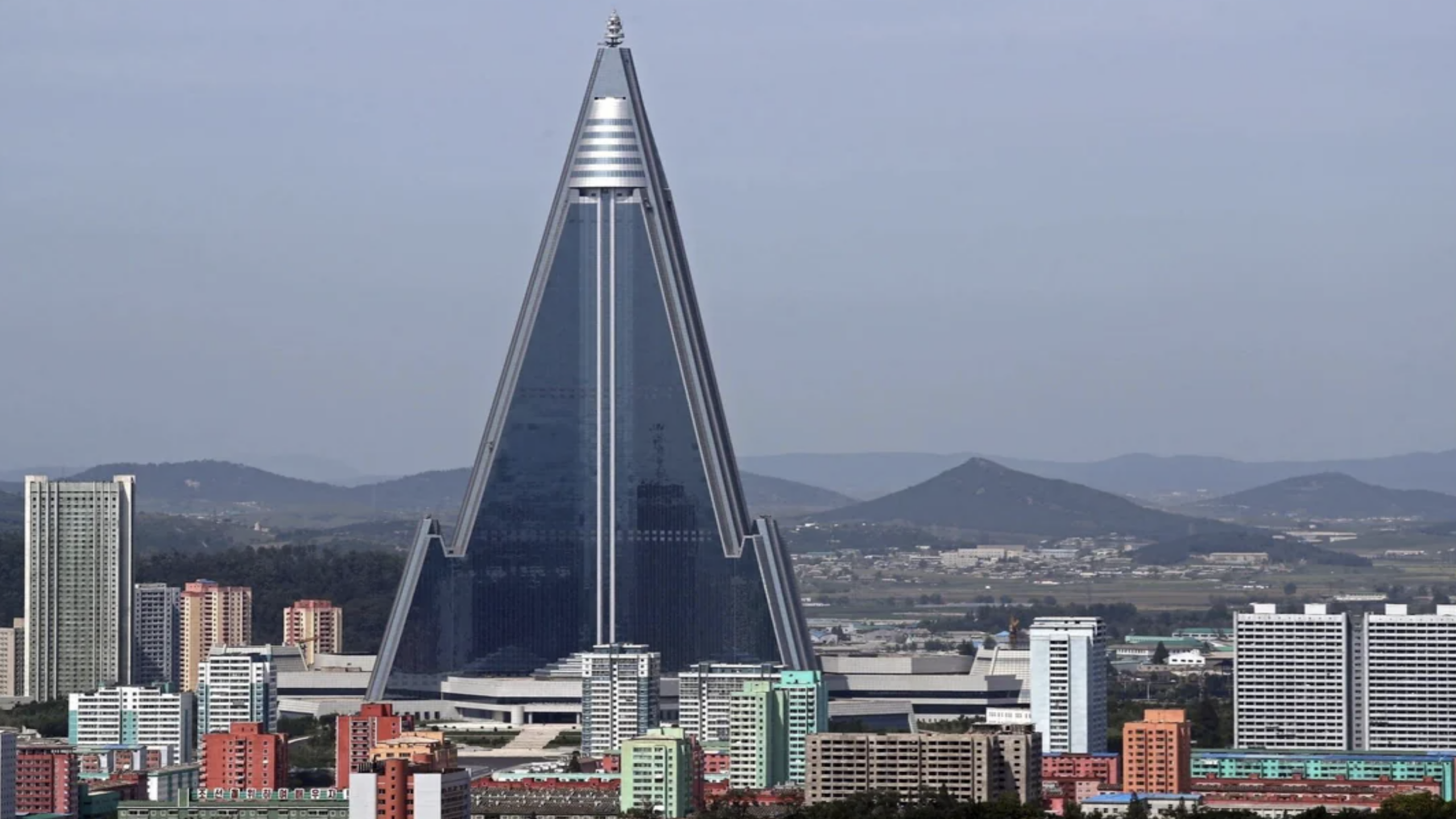 Abandoned Ryugyong Hotel skyscraper in Pyongyang with pyramid shape