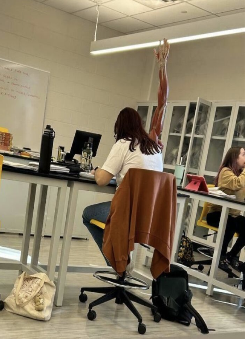 A student sits at a desk in a classroom, appearing to have an anatomical model of a human arm positioned behind them, making it look like the model’s raised arm is attached to the student.