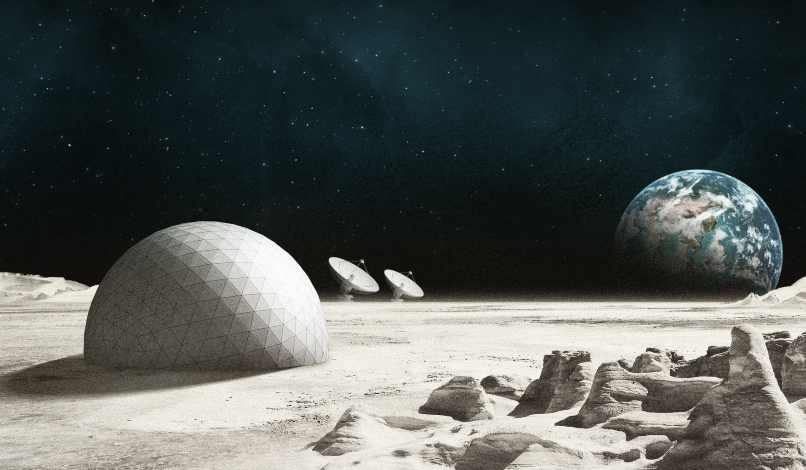A futuristic dome structure and two satellite dishes sit on a barren, rocky lunar surface with Earth and a star-filled sky visible in the distance.