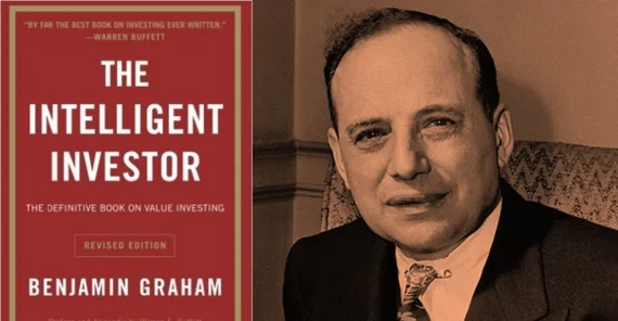 A sepia-toned photo of Benjamin Graham sitting and smiling appears beside the cover of his book, "The Intelligent Investor: The Definitive Book on Value Investing," revised edition.