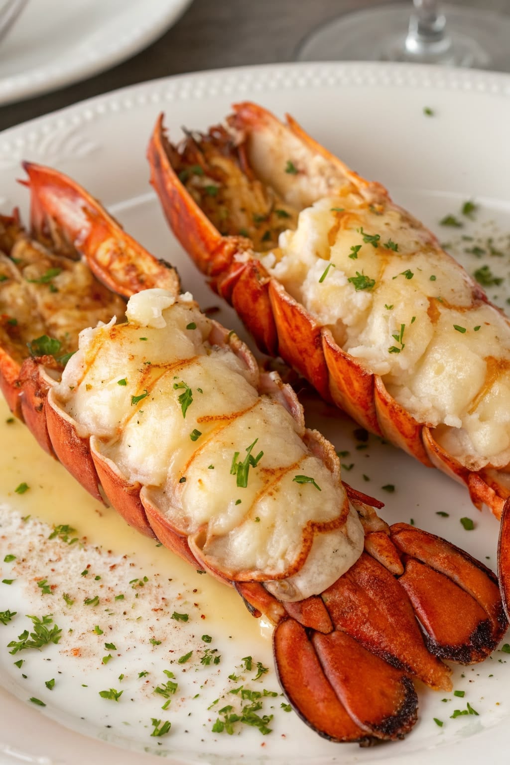 Two broiled lobster tails served on a white plate, topped with melted butter and garnished with chopped parsley and seasonings.