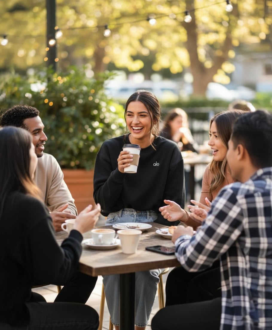 A group of five young adults sit around an outdoor café table, laughing and talking together. One woman in the center holds a coffee cup, and the group is surrounded by trees and string lights.