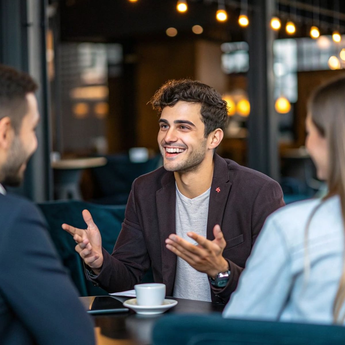 A young man in a blazer smiles and gestures while talking to two people at a table in a modern, warmly lit café. A cup of coffee and a smartphone are on the table.
