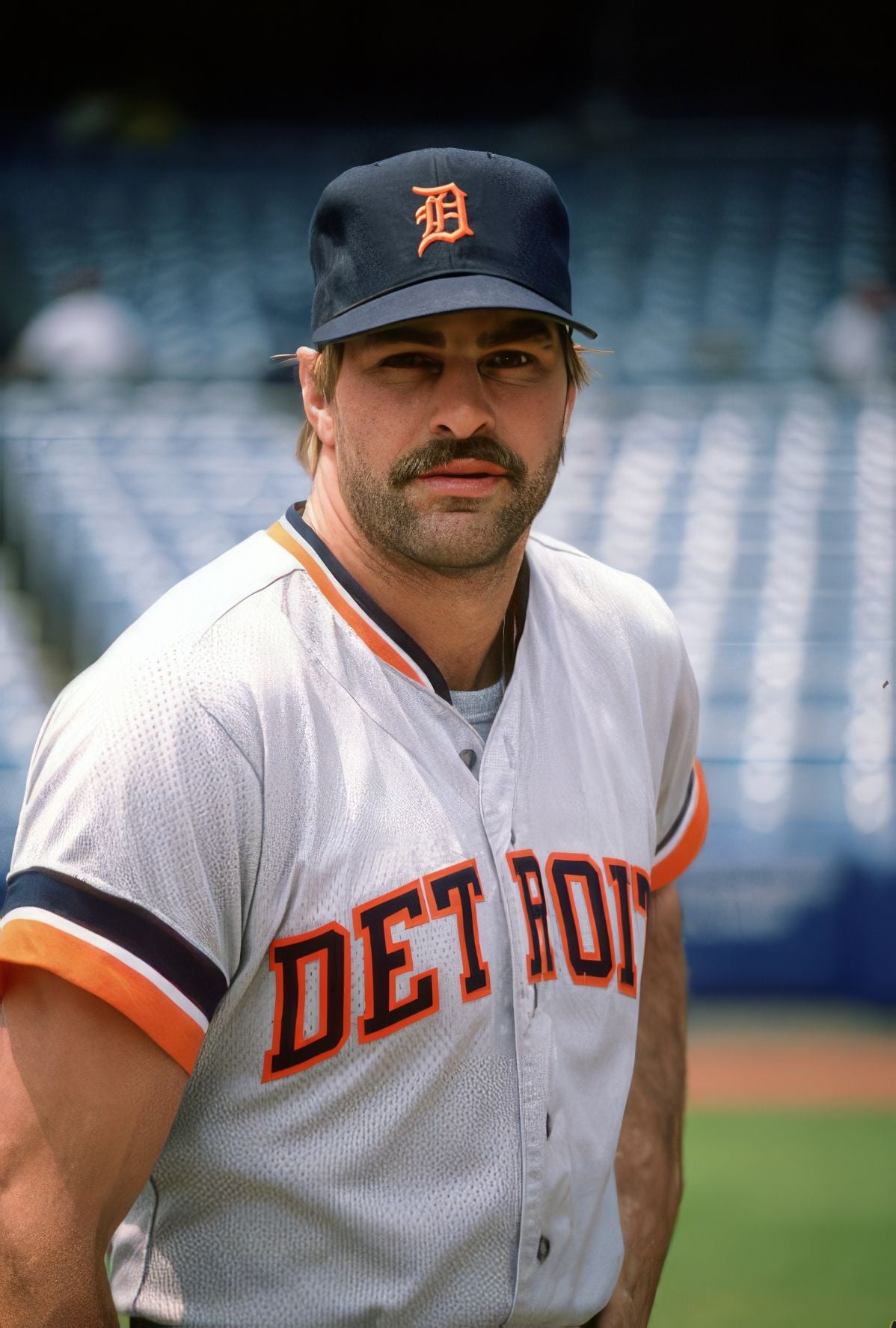 A baseball player in a Detroit Tigers uniform and cap stands on the field with empty stadium seats in the background. He has a mustache and a serious expression.
