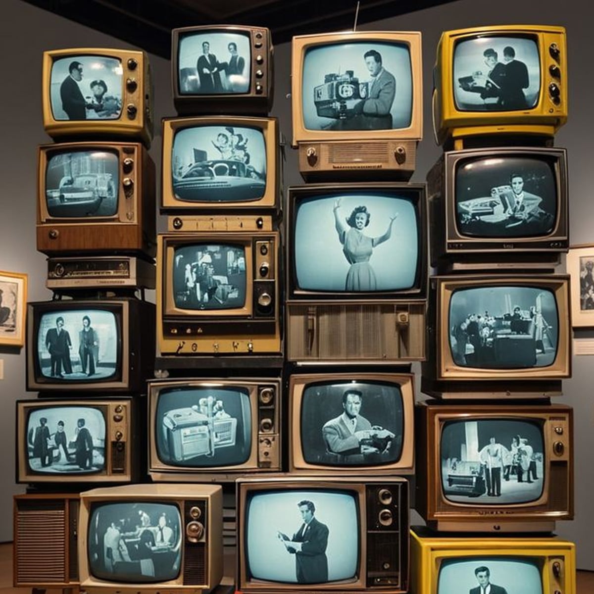 A stack of vintage televisions displays black-and-white scenes with people, cars, and household items, evoking a retro atmosphere with 1950s and 1960s style broadcasts.