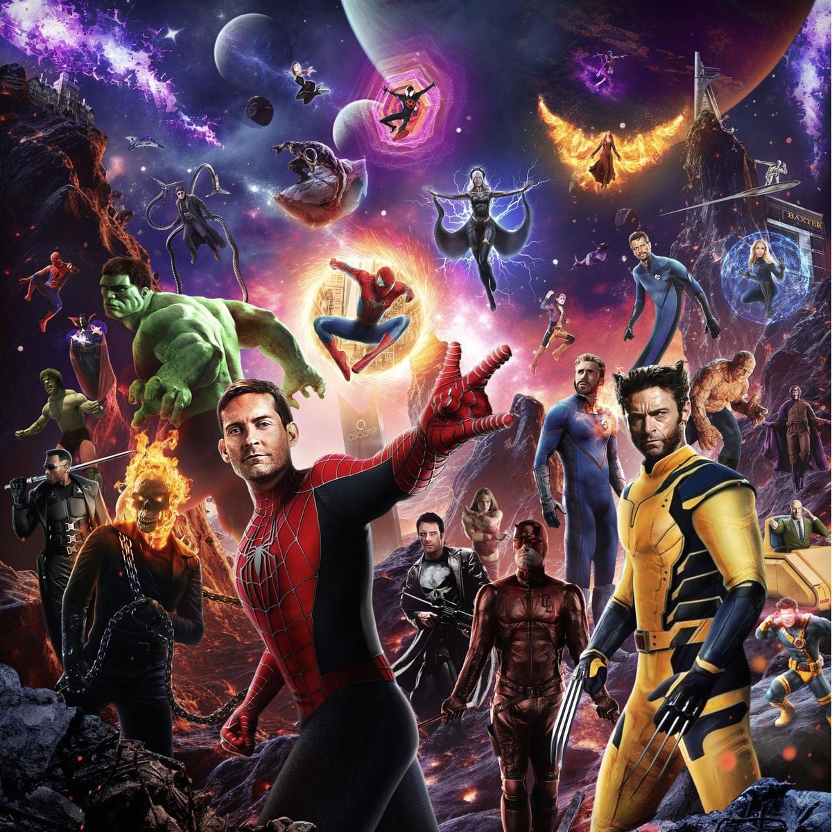 A colorful collage of Marvel superheroes, including multiple versions of Spider-Man, Wolverine, Hulk, Ghost Rider, and others, posed dynamically against a cosmic, action-filled background with planets and explosions.